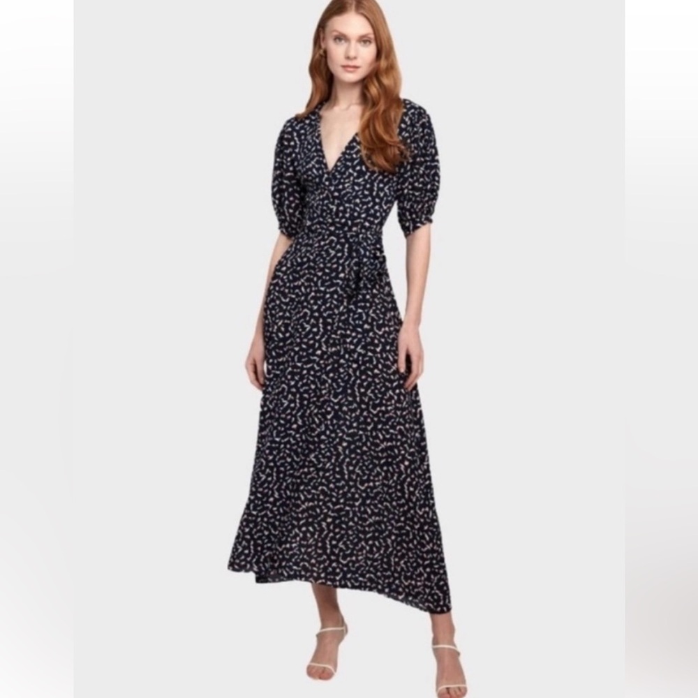 Misa Los Angeles Navy Midi Dress with White and Blush Print